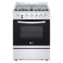 LG FA211RMA gas cooker from the front, stainless steel with a black glass oven door and the glass hob lid raised