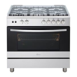 Front view of the stainless steel LG FA415RMA gas cooker with the hob lid closed, oven window and LG badge, standing on four round feet