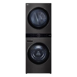 LG FWT2116BS WashTower in black, dryer drum on top, washer drum below, with a control panel between the two doors