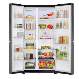 LG side by side refrigerator with both doors open, shelves and door bins loaded with food, drinks and fruit