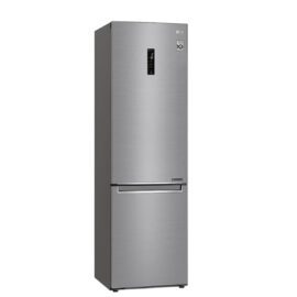 LG GC-B459NLHM 374L bottom freezer fridge in silver, doors closed, showing the external display and the freezer drawer below