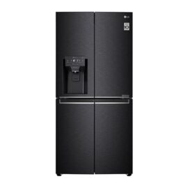 LG cross door refrigerator in matte black, front view with dispenser and display panel in the upper left door