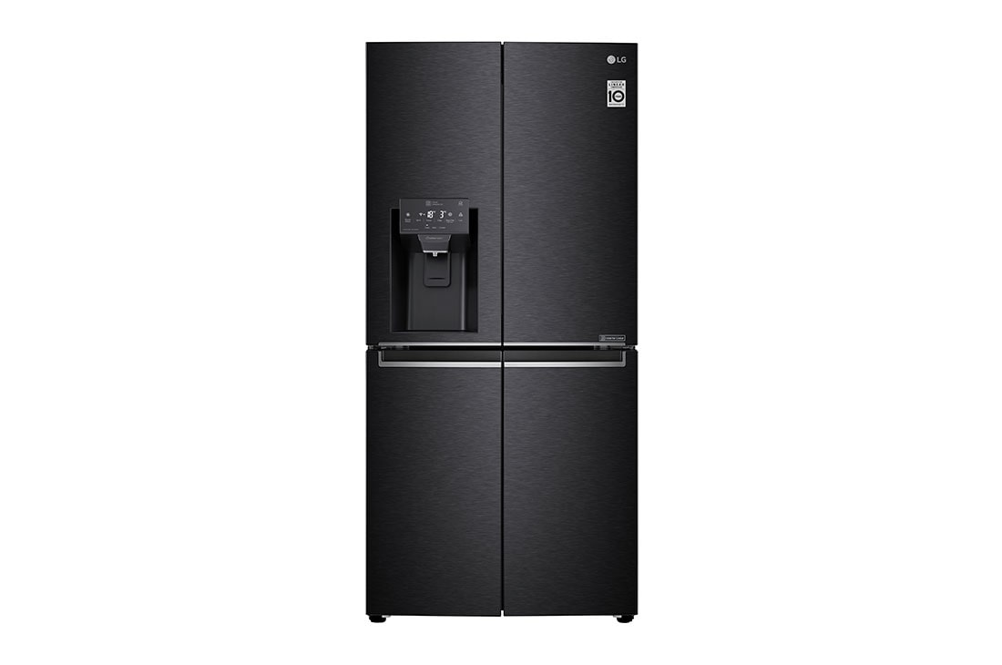 LG GC-L22FFQPB 1 LG cross door refrigerator in matte black, front view with dispenser and display panel in the upper left door
