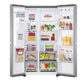 Both doors open on the LG side by side fridge, freezer on the left and fridge on the right, shelves and door bins filled with food and bottles