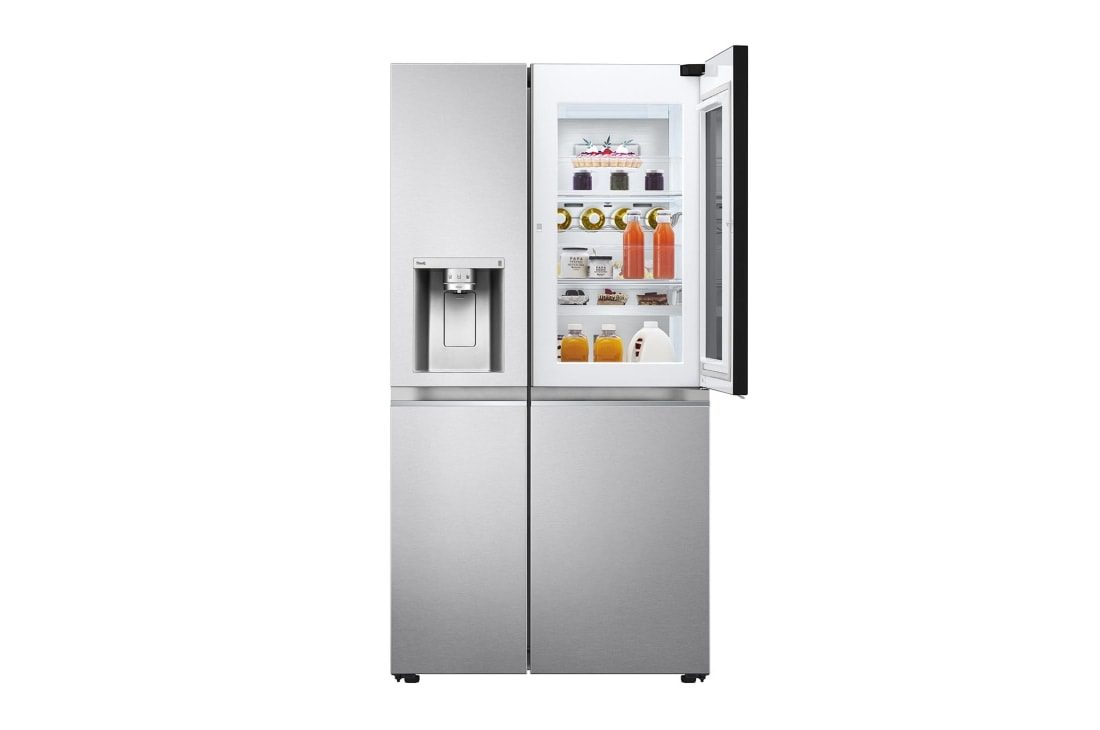 LG GC-X257CSEW 668L Side-By-Side Refrigerator with Water Dispenser, Knock Twice, Silver 3 The right-hand fridge door open, showing lit shelves stacked with bottles, jars and packed food