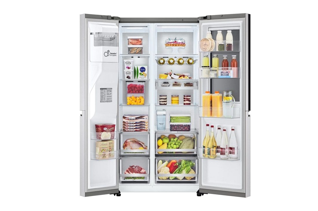 LG GC-X257CSEW 668L Side-By-Side Refrigerator with Water Dispenser, Knock Twice, Silver 2 Both doors open, showing freezer drawers on the left, fridge shelves and crispers on the right, and bottle racks on the inner doors