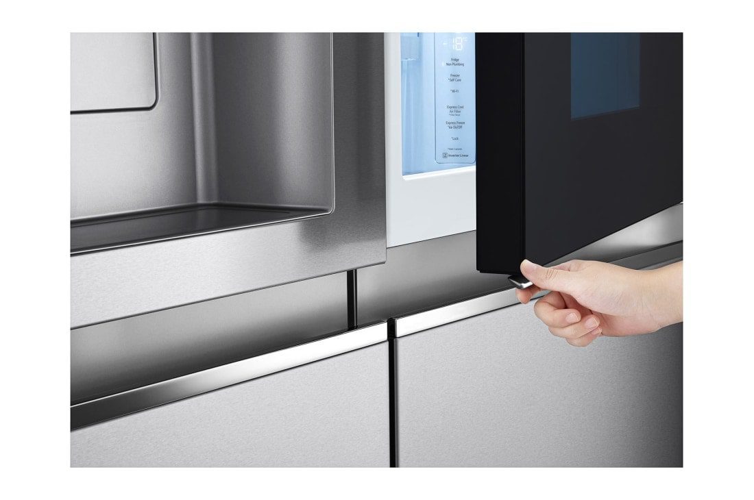 LG GC-X257CSEW 668L Side-By-Side Refrigerator with Water Dispenser, Knock Twice, Silver 5 Close-up of a hand opening the Door-in-Door panel, showing the inner control panel with Express Cool, Air Filter, Express Freeze, Ice On and Off and Lock