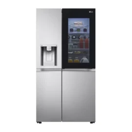 Front view of the silver LG side-by-side refrigerator with a black glass InstaView panel and a water dispenser in the left door