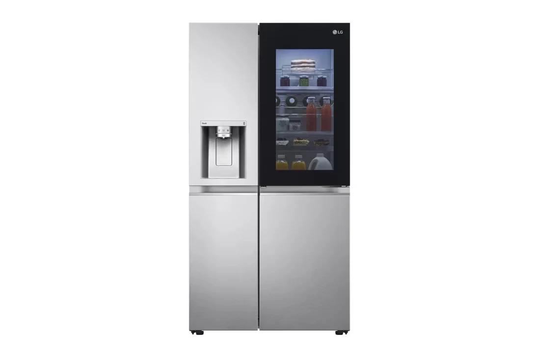 LG GC-X257CSEW 668L Side-By-Side Refrigerator with Water Dispenser, Knock Twice, Silver 1 Front view of the silver LG side-by-side refrigerator with a black glass InstaView panel and a water dispenser in the left door