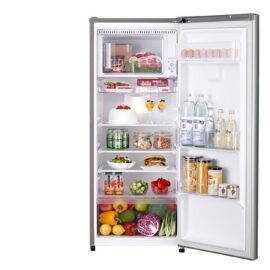 LG GCFB195PQCF single door refrigerator in silver, door open and shelves loaded with meat, drinks, salad and vegetables
