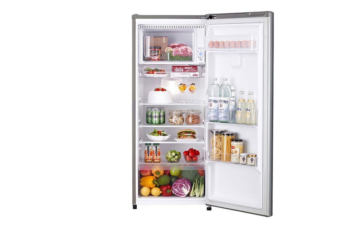 LG GCFB195PQCF 195L 1 LG GCFB195PQCF single door refrigerator in silver, door open and shelves loaded with meat, drinks, salad and vegetables