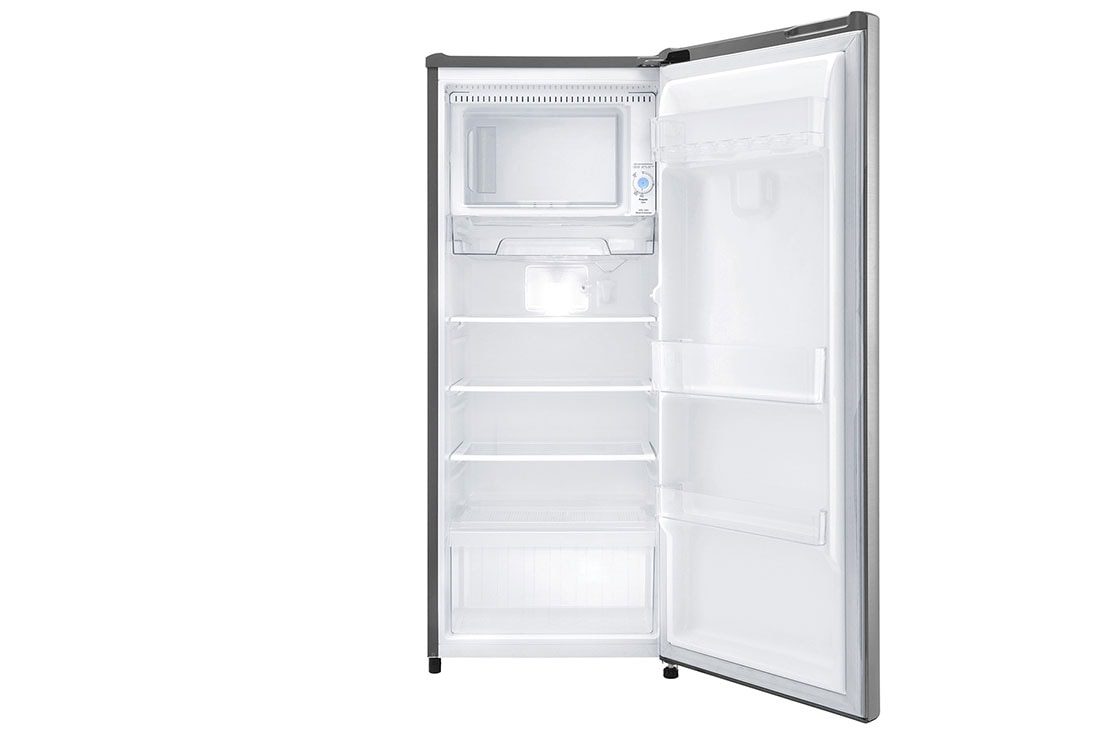 LG GCFB195PQCF 195L 2 The same refrigerator open and empty, showing the top freezer compartment with its control dial, three shelves and the base drawer