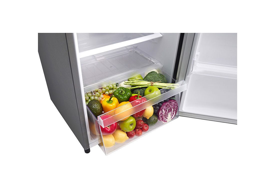 LG GCFB195PQCF 195L 3 Clear base drawer pulled out and filled with peppers, apples, grapes, broccoli and cabbage