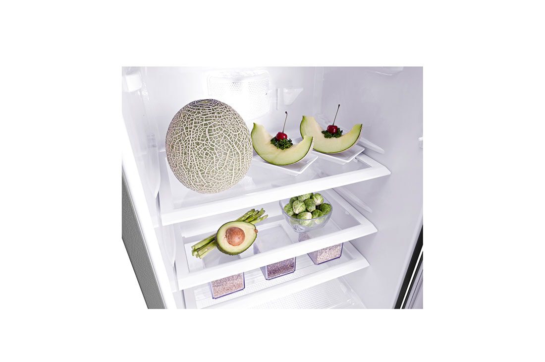 LG GCFB195PQCF 195L 4 Close-up of two glass shelves inside the refrigerator holding a melon, melon slices, avocado and a bowl of sprouts