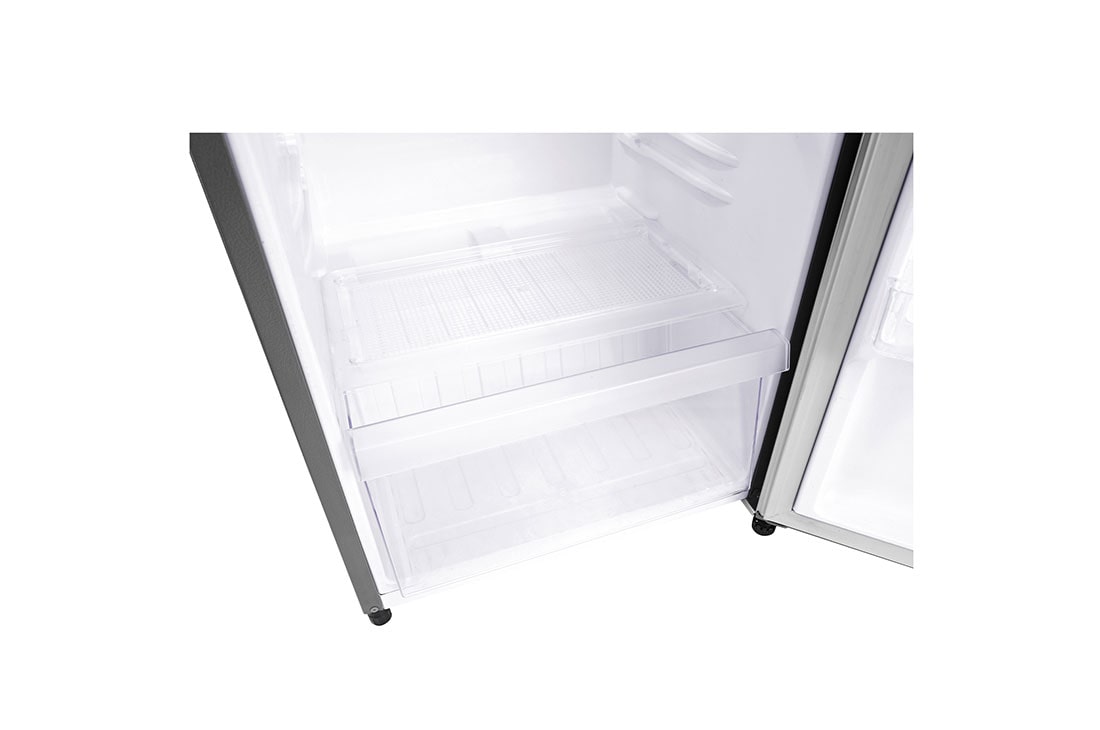 LG GCFB195PQCF 195L 5 Close-up of the empty clear vegetable drawer at the base of the refrigerator, pulled forward on its runners