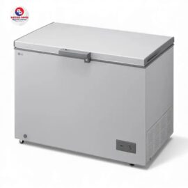 Angled view of the LG chest freezer showing the lid, side panel and the rear grille above the castors