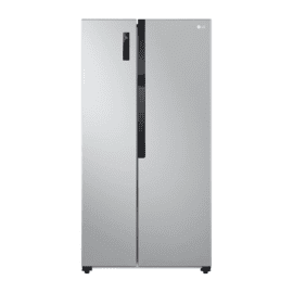 LG GCFB507PQAM silver side by side refrigerator, doors closed, with a black centre trim and display panel on the left door
