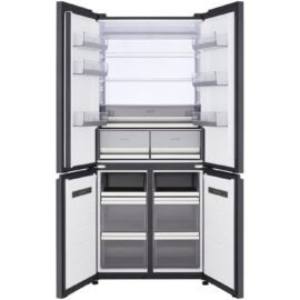 LG four door refrigerator with all four doors open, showing white interior, glass shelves, clear door bins and stacked freezer drawers