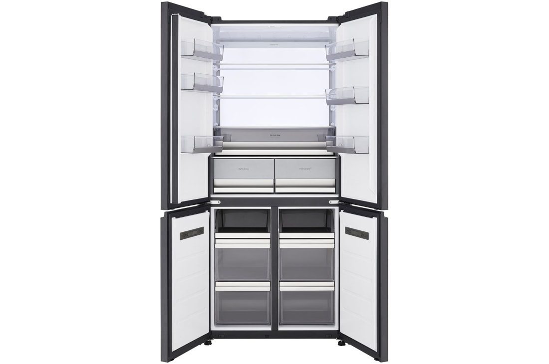 LG GCFB50FPLAM 550L 1 LG four door refrigerator with all four doors open, showing white interior, glass shelves, clear door bins and stacked freezer drawers