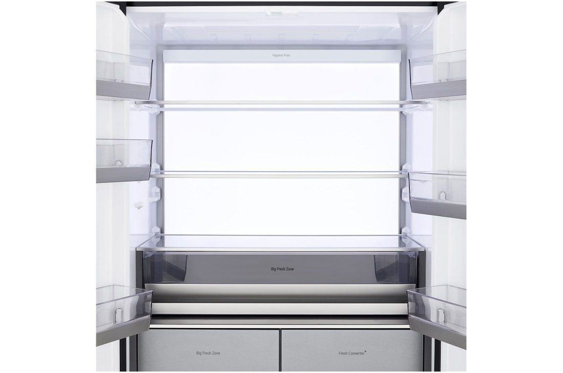 LG GCFB50FPLAM 550L 2 Inside the fridge compartment showing two glass shelves, the full width Big Fresh Zone drawer and door bins on both doors