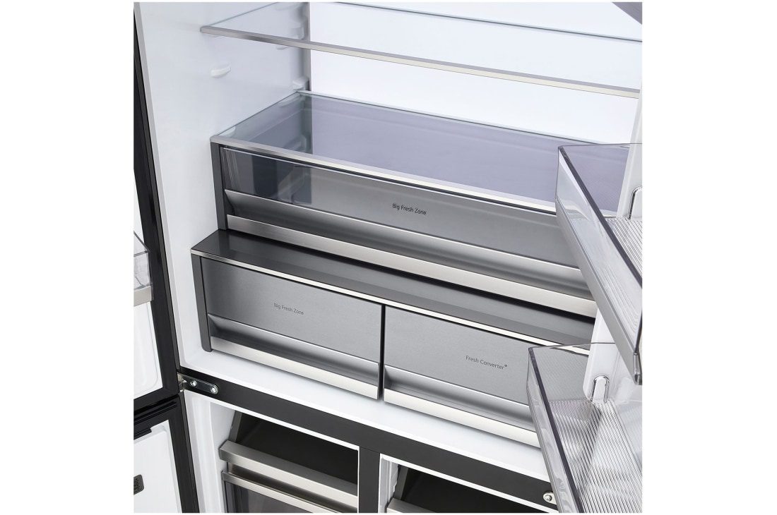 LG GCFB50FPLAM 550L 3 Close-up of the two lower fridge drawers labelled Big Fresh Zone and Fresh Converter, with a glass shelf above