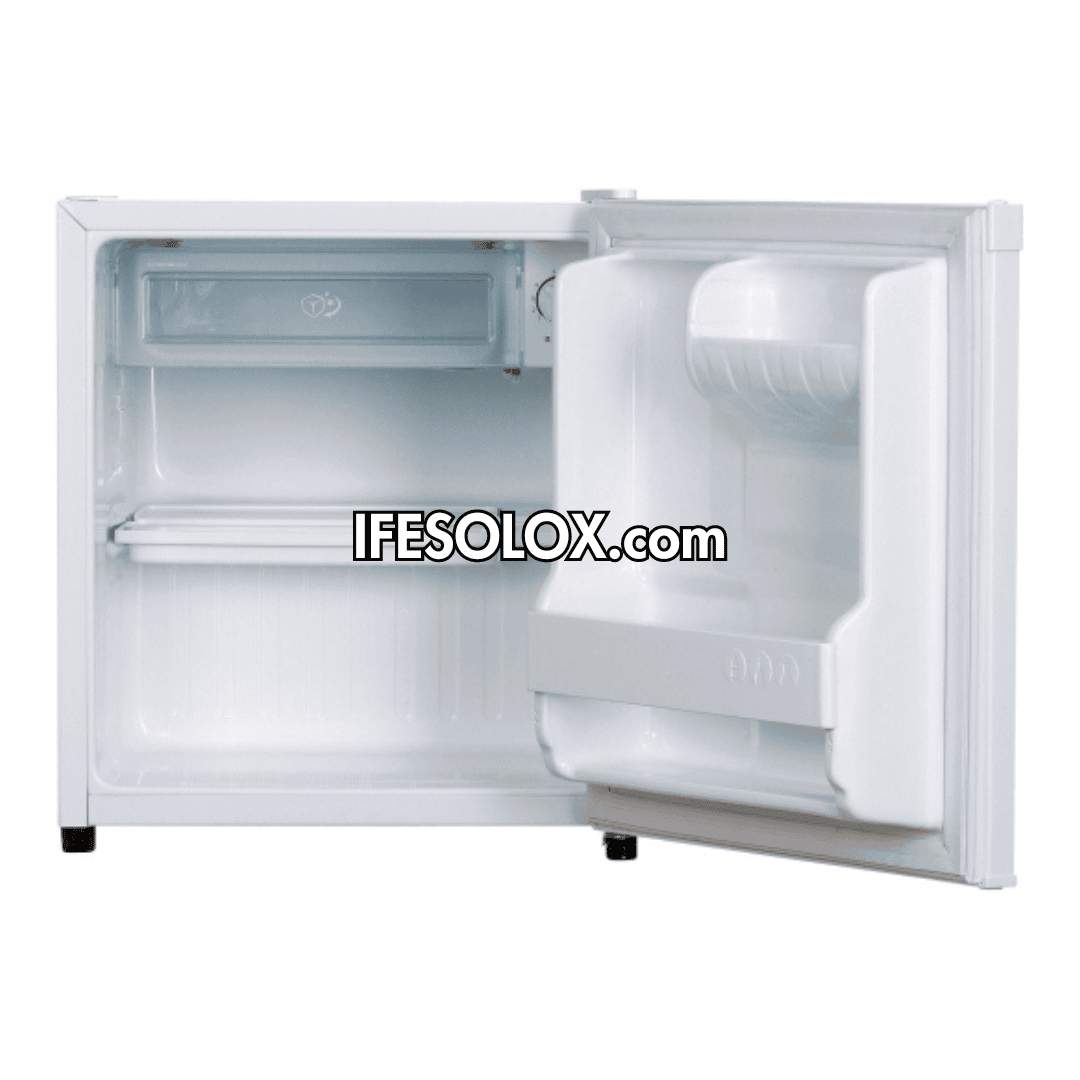LG GL-051SQQP 48L Direct Cooling, Freezer Compartment, Key Lock, LVS (Low Voltage Stability) 2 LG GL-051SQQP with the door open, showing the top freezer compartment, temperature dial, wire shelf and door bottle rack