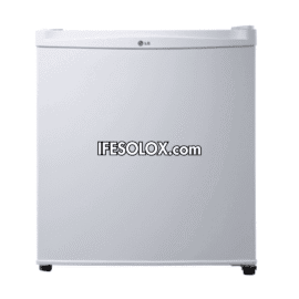 White LG GL-051SQQP one door fridge, front view with the LG logo on the top trim