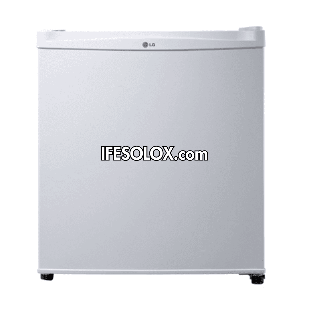 LG GL-051SQQP 48L Direct Cooling, Freezer Compartment, Key Lock, LVS (Low Voltage Stability) 1 White LG GL-051SQQP one door fridge, front view with the LG logo on the top trim