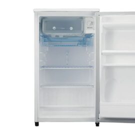 The LG GL-131SQQP open, showing the freezer compartment, temperature dial, two wire shelves and door shelves