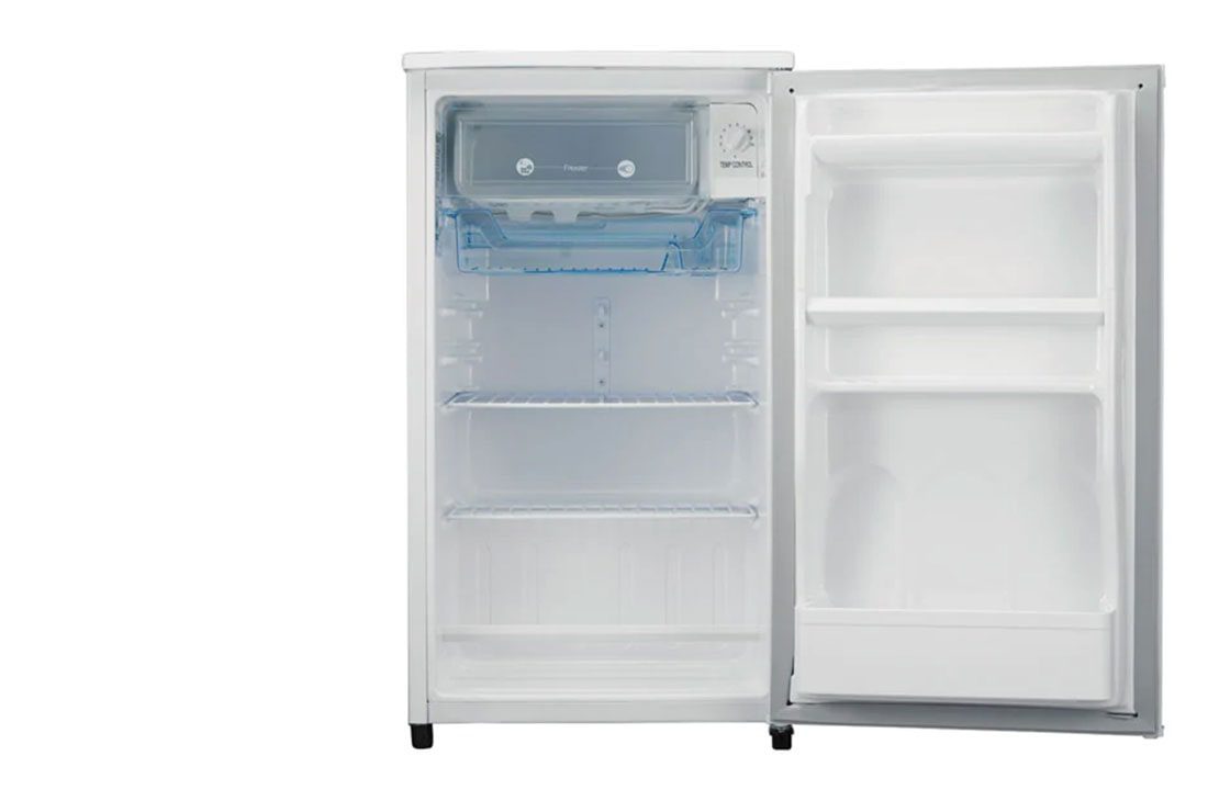 LG GL-131SQQP 92L Direct cooling, low voltage stabilizer(110v - 290v), Freezer Compartment, Two Wire Shelves, White 1 The LG GL-131SQQP open, showing the freezer compartment, temperature dial, two wire shelves and door shelves