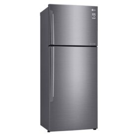 LG GL-C682HLCL fridge freezer in brushed silver, doors closed, with the freezer door on top and the fridge door below