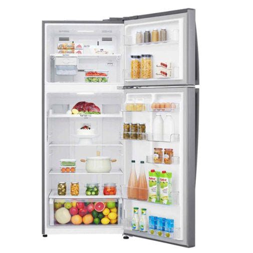 LG GL-C682HLCL 473L Double Door with Dispenser, Inverter Linear Compressor, Silver 2 The same fridge with both doors open, showing the freezer shelves above and the fridge shelves, crisper drawer and door bins below