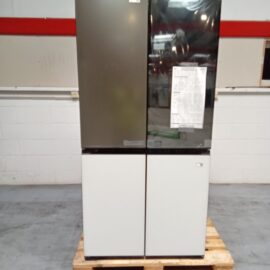 LG four door fridge freezer seen from the front, with bronze and dark glass upper doors and cream freezer doors below