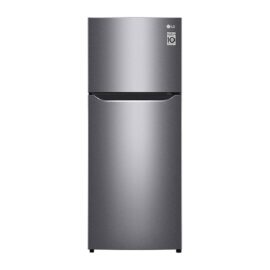 LG GN-B202SQBB top freezer fridge in silver, doors closed, with the LG logo and an inverter compressor badge on the freezer door