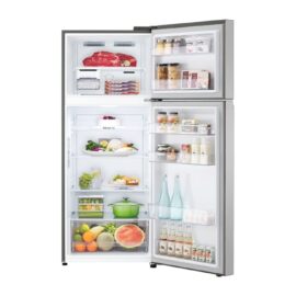 LG top mount fridge freezer in silver with both doors open, shelves and door baskets stocked with food and drinks