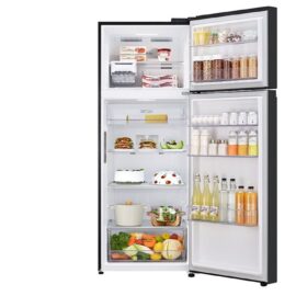 LG GN-F452PFAQ top freezer fridge in matt black with both doors open and fully stocked