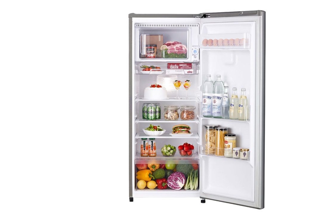 LG GN-Y331SLS 199L 1Door, Smart Inverter Compressor with Larger Capacity 2 The refrigerator with its door open and fully stocked with food, drinks and vegetables