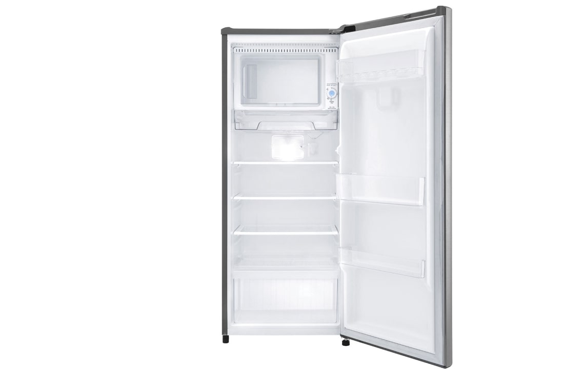 LG GN-Y331SLS 199L 1Door, Smart Inverter Compressor with Larger Capacity 3 The refrigerator open and empty, showing three glass shelves, the vegetable drawer and the freezer box at the top with its control dial