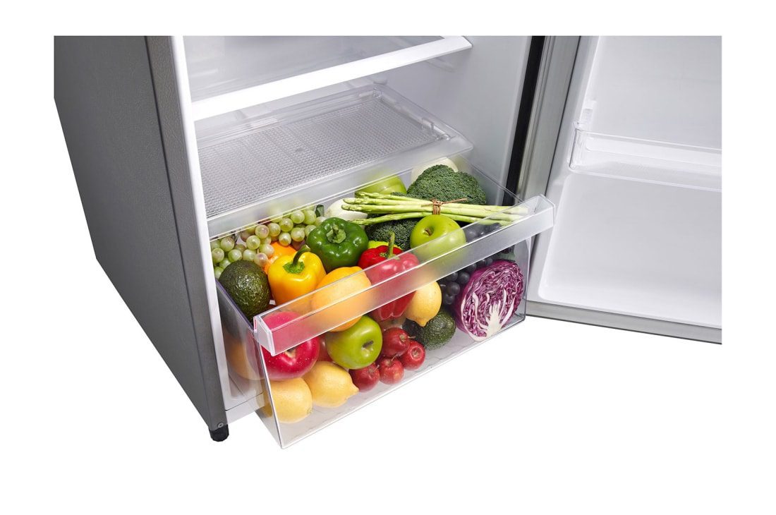 LG GN-Y331SLS 199L 1Door, Smart Inverter Compressor with Larger Capacity 5 The vegetable drawer pulled open and filled with peppers, apples, lemons, cabbage and grapes