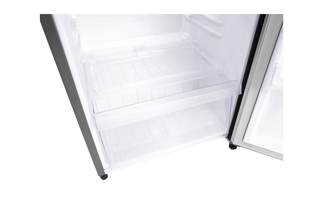 LG GN-Y331SLS 199L 1Door, Smart Inverter Compressor with Larger Capacity 4 Close-up of the empty clear vegetable drawer and the glass shelf above it