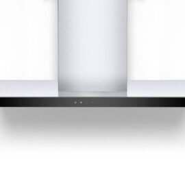LG chimney hood seen straight on, stainless steel canopy with a black glass control strip carrying the LG logo and touch pads