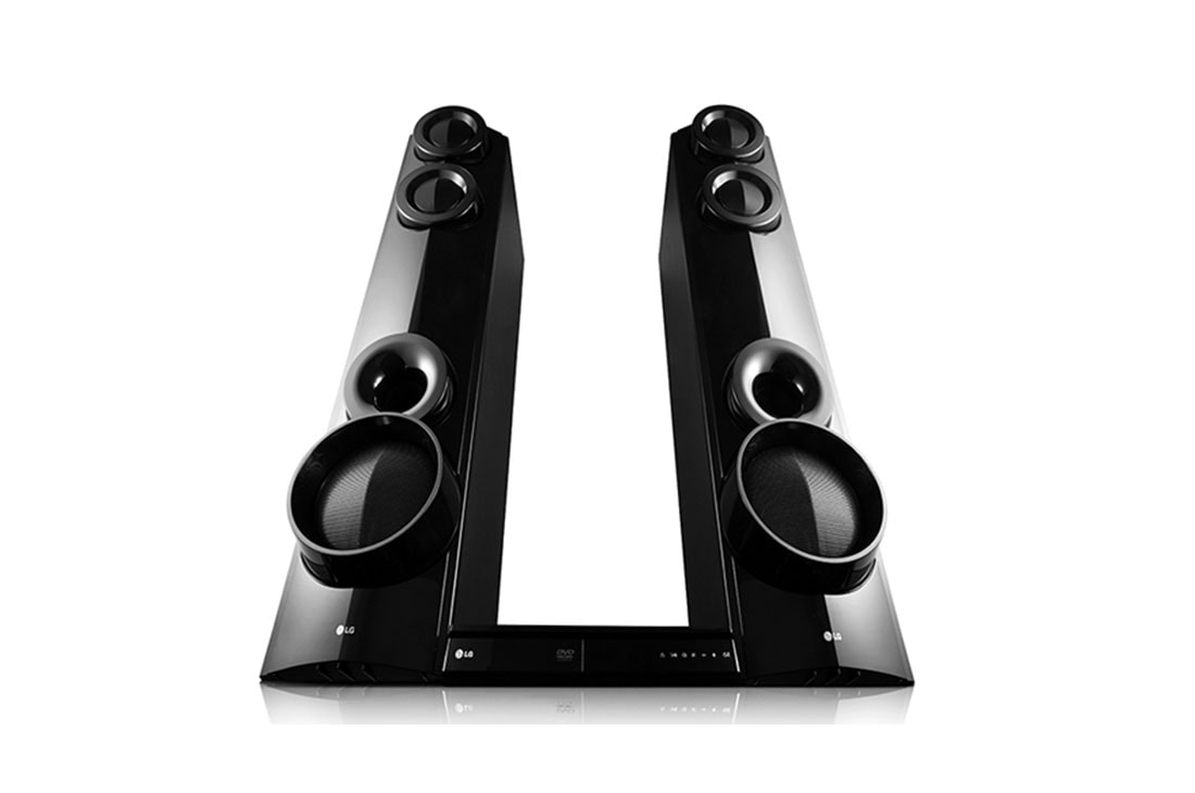 LG LHD675BG 1000W 4.2CH Home Theater System, Dual Subwoofer, AUX IN, USB Direct recording (BODYGUARD) 3 Front view of both tower speakers angled inwards with the DVD main unit below
