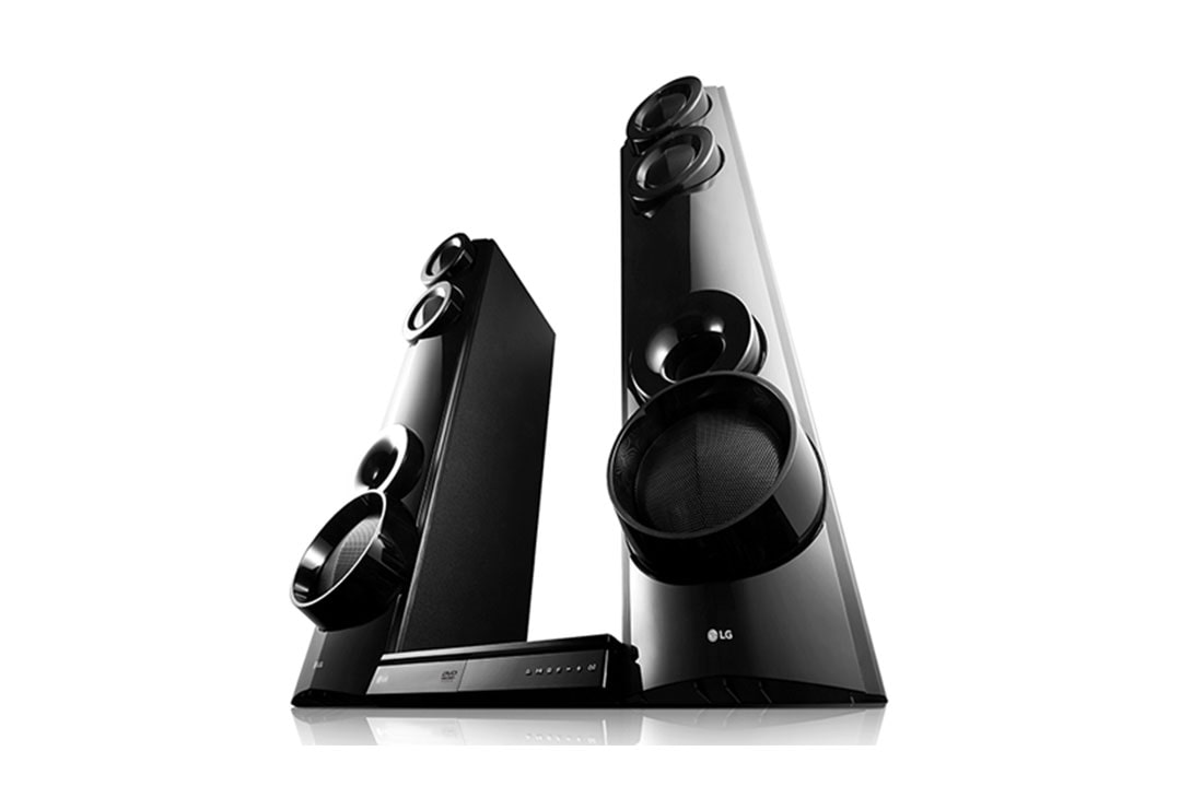 LG LHD675BG 1000W 4.2CH Home Theater System, Dual Subwoofer, AUX IN, USB Direct recording (BODYGUARD) 2 Angled view of the two LG tower speakers with the main unit between them