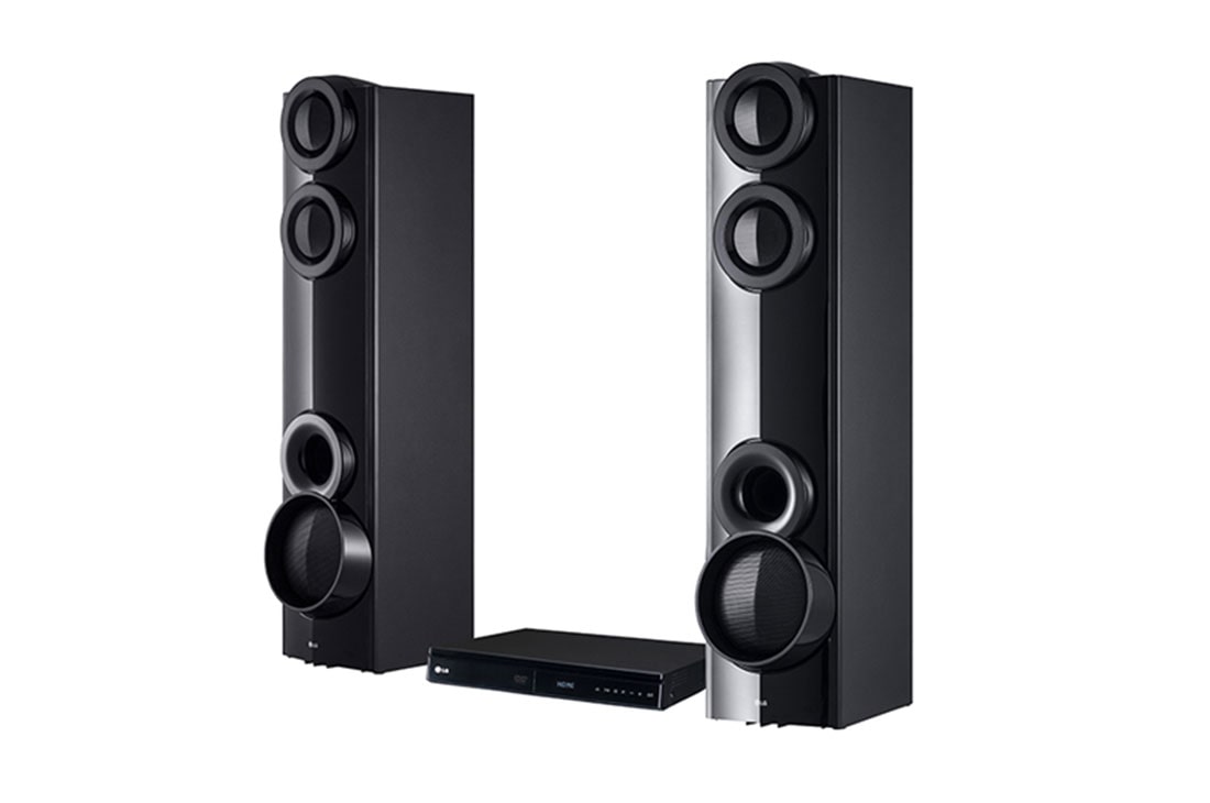 LG LHD675BG 1000W 4.2CH Home Theater System, Dual Subwoofer, AUX IN, USB Direct recording (BODYGUARD) 1 LG LHD675BG tower speakers standing either side of the black DVD main unit
