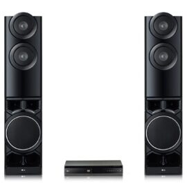 Two black LG tower speakers either side of a slim black DVD player, seen straight on