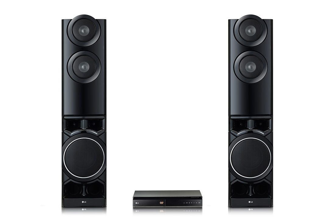 LG LHD687BG 1250W 1 Two black LG tower speakers either side of a slim black DVD player, seen straight on