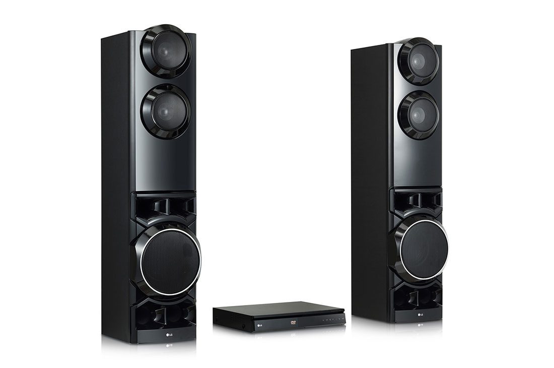 LG LHD687BG 1250W 2 Angled view of the LG LHD687BG towers and DVD player, showing the gloss front panel and side cabinet