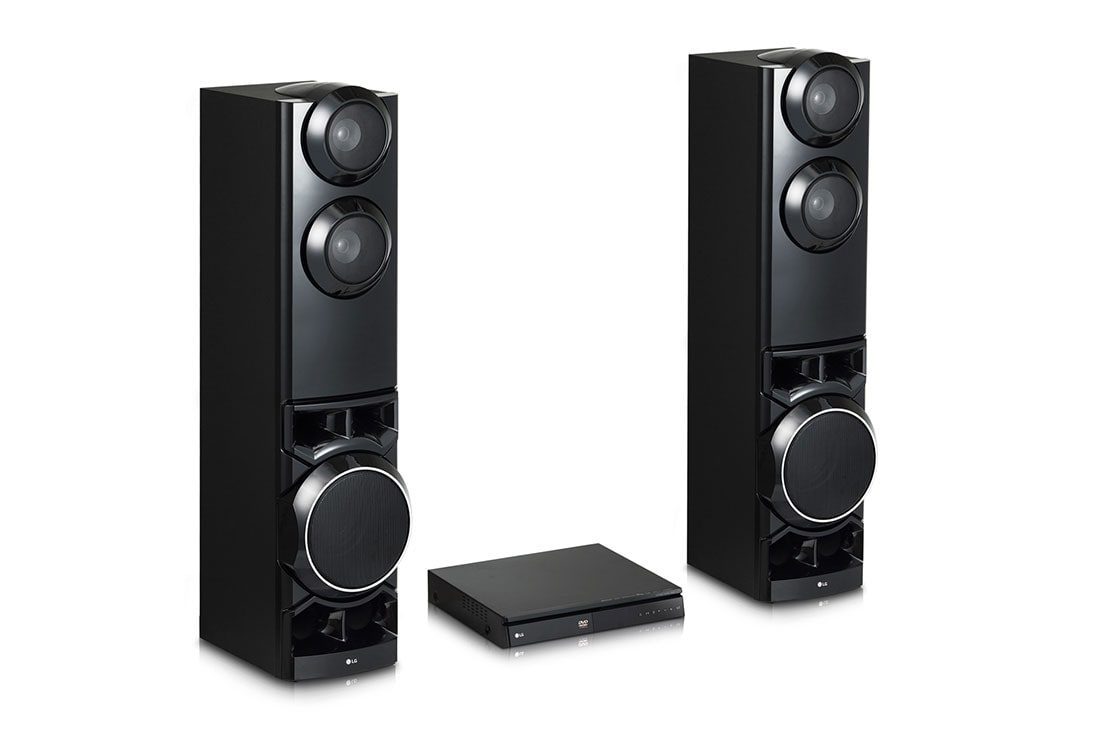 LG LHD687BG 1250W 3 The two LG towers turned at an angle, showing the ported side panels and the woofer grille near the base