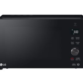 LG MH8265DIS microwave seen straight on, black glass front with display reading 3:00 and a silver control dial