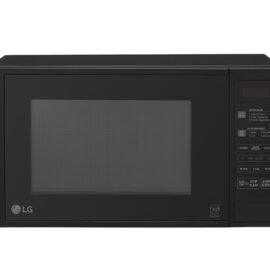 Front view of the black LG MS2042DB microwave with the control panel on the right side of the door